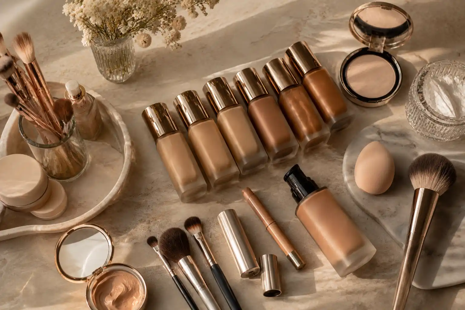Luxury foundation makeup products arranged on a modern beauty vanity
