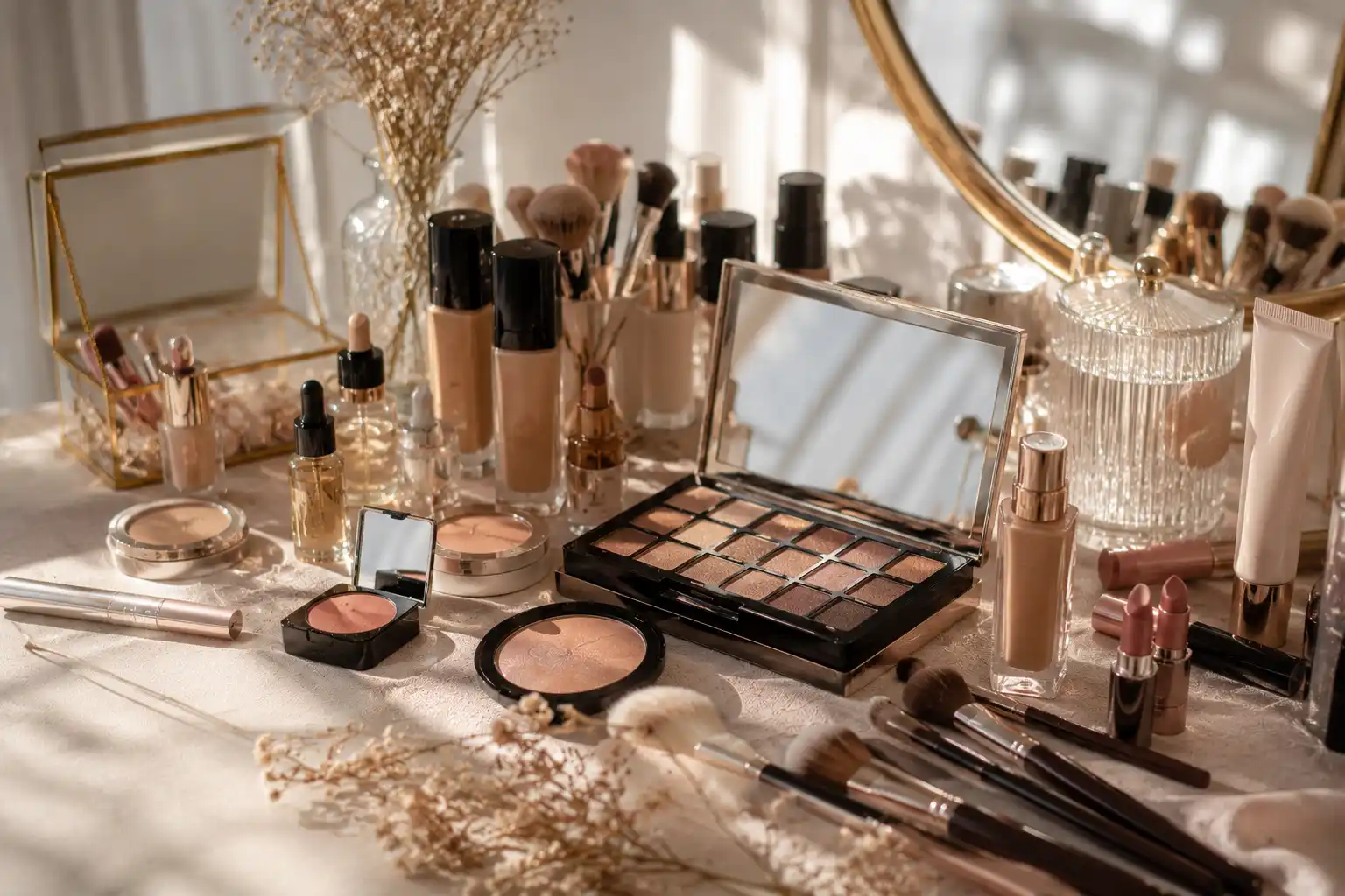 Luxury makeup kit essentials arranged on a modern beauty vanity