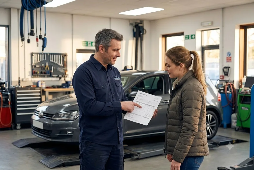 Mechanic explaining car service costs to customer in UK garage
