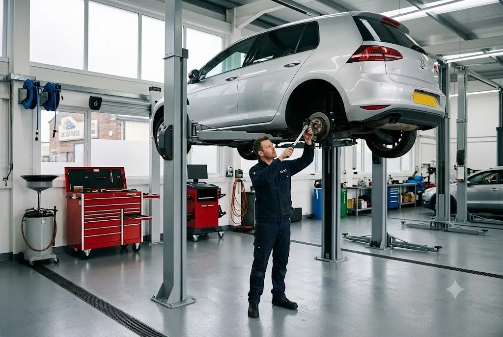 Mechanic performing full car service in UK workshop