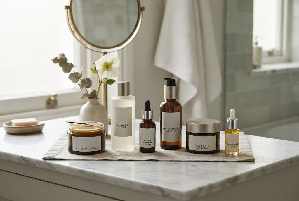 Face skincare products including cleanser moisturiser and serum