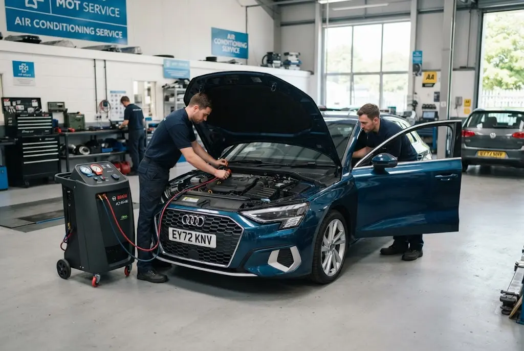 Car air conditioning service being carried out at a UK automotive workshop