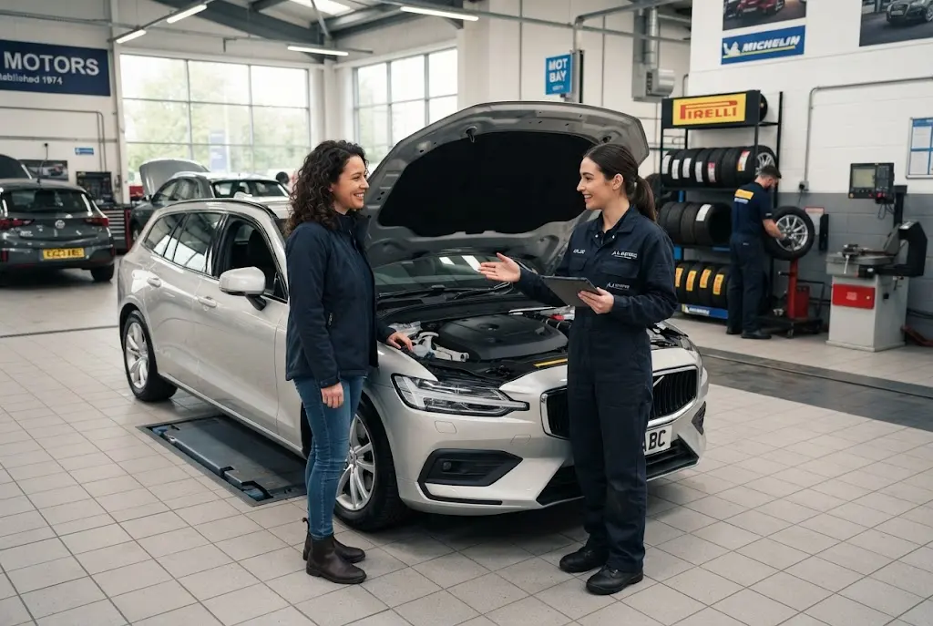 Car maintenance checks for women drivers at a professional auto service centre