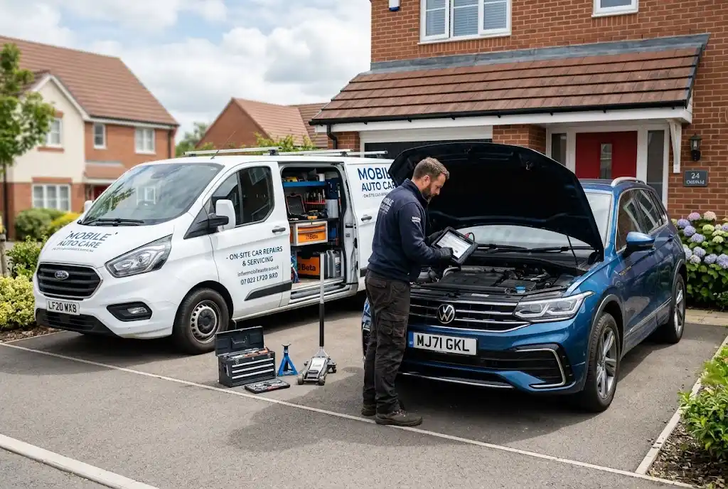 Mobile auto service mechanic repairing a car at home