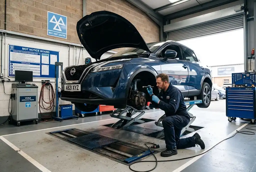 MOT and service inspection at a professional UK vehicle testing centre