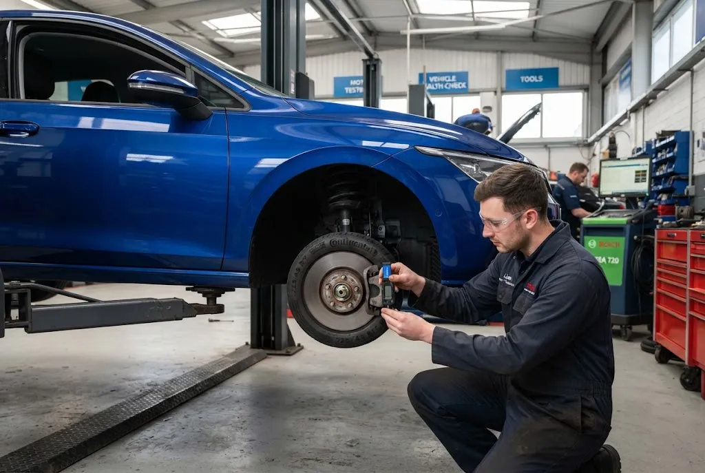 Vehicle safety checks including brakes, tyres and suspension at a UK garage
