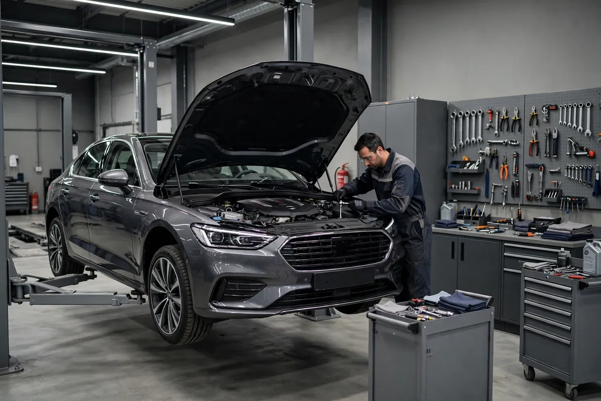 BMW service carried out by a technician in a UK workshop