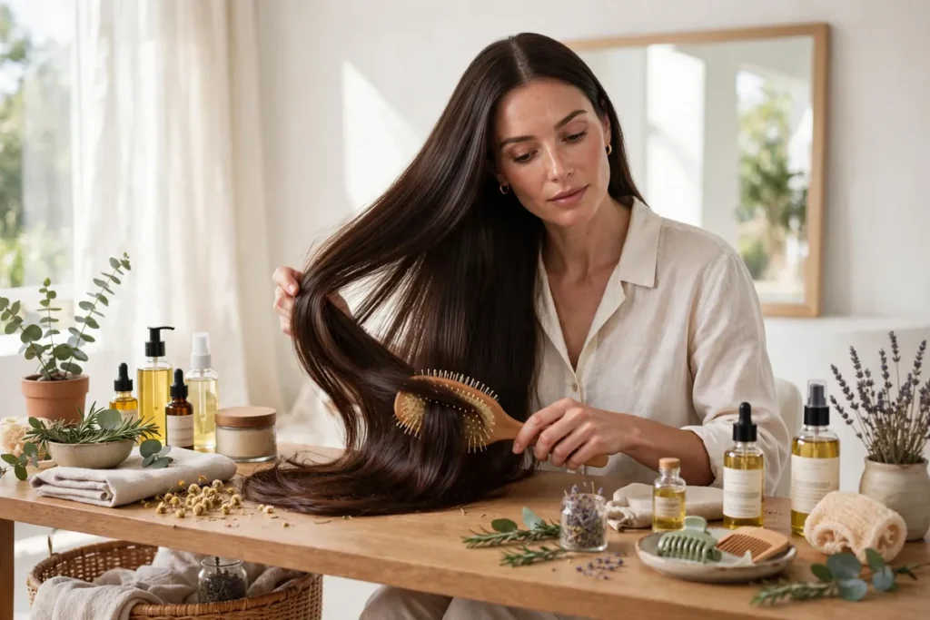 A simple haircare routine with a woman brushing her long, healthy hair beside hair products